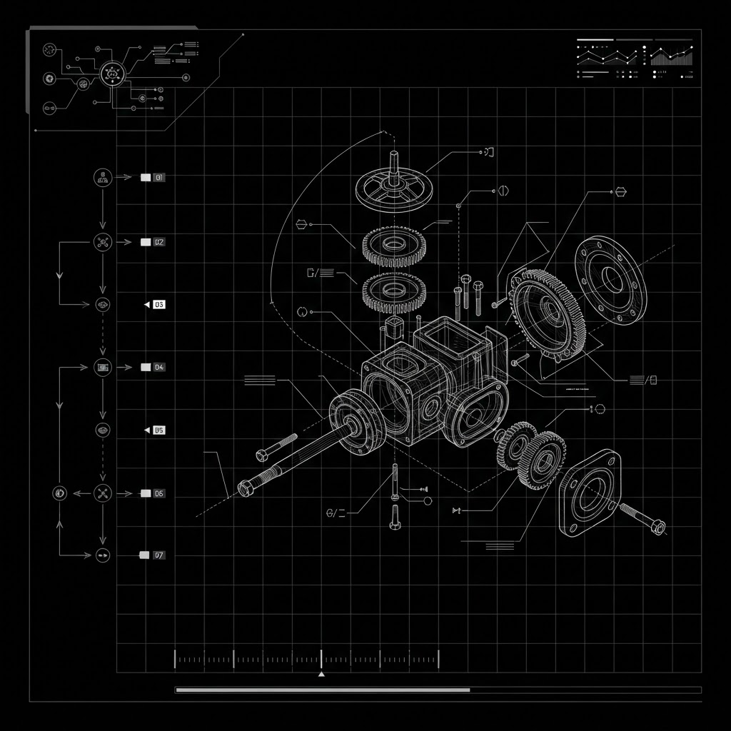 Abstract monochrome mockup of an equipment and process training module with technical diagrams.