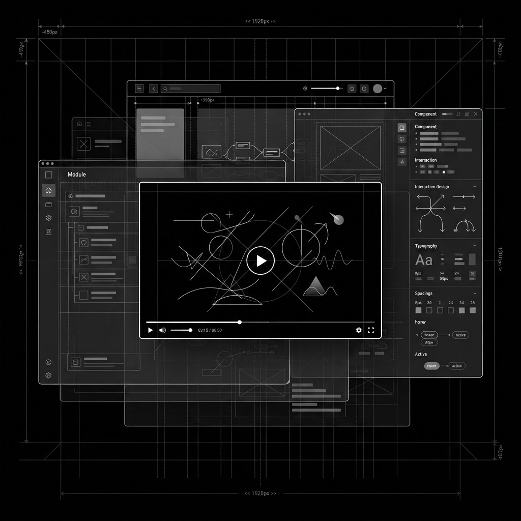 Abstract monochrome mockup of a learning experience design system with layered interface panels and a video frame.